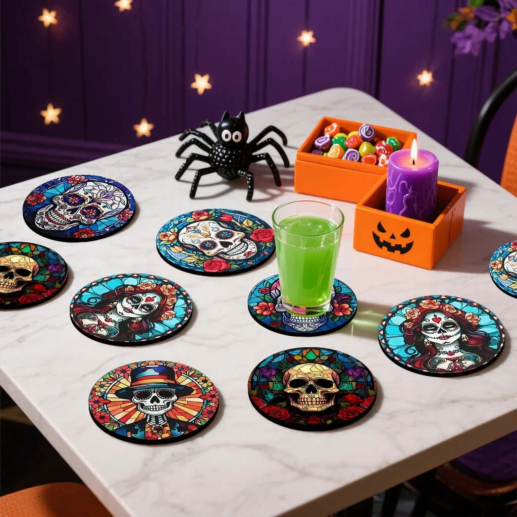 Halloween Wooden Coasters 10cm Round Table Mat Cute Pumpkin Skull Drink Cup Pad Festive Party Supplies Table Decoration