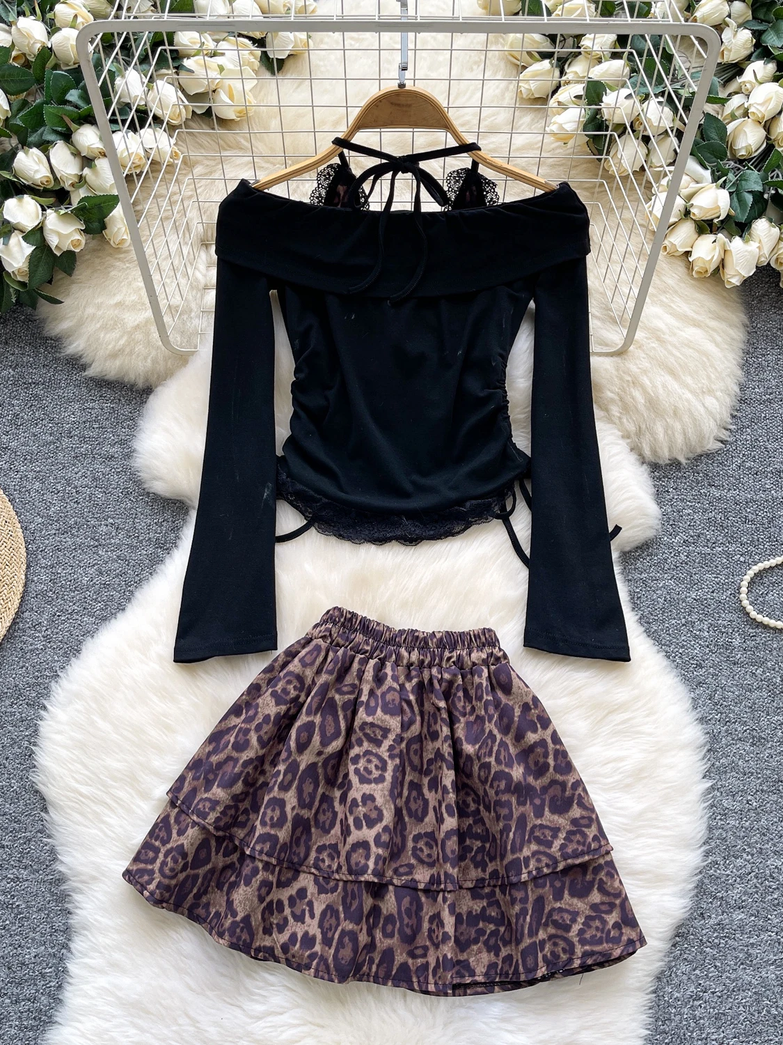 College Sle Agel Design Un hombro Cintura alta Largo Sve Slim Fit Top y falda Conjunto Estampado de leopardo Casual Faion