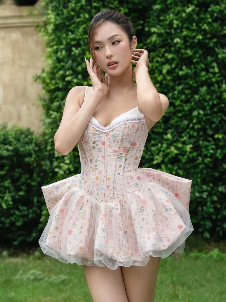 

Sexy Spaghetti Strap Floral Printed With Bow Mini Dress Women Sleeveless Backless Lace-up Bownot A-line Dress Spring Party Gowns