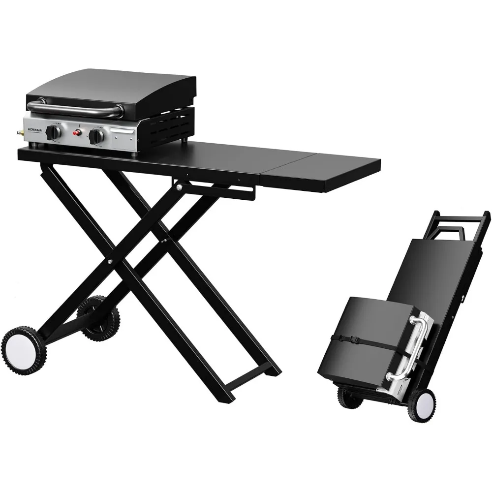 D12Foldable Flat Top Grill With 2 Burners, 20,000 BTU Gas Grills, Enamel Griddle, Side Shelf & Portable Cart For Outdoor Cooking