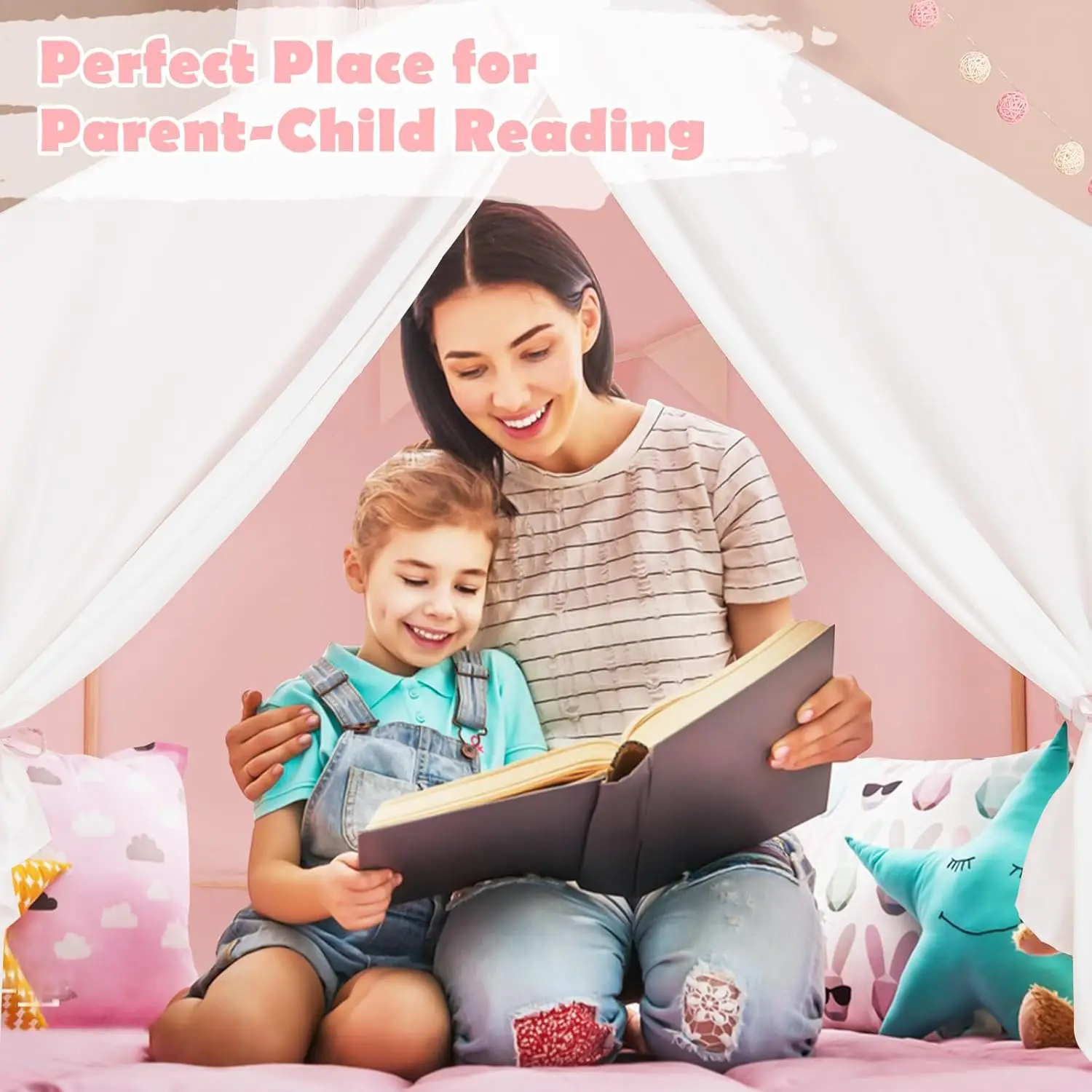 Tenda da gioco per bambini, casette da gioco per bambini con tappetino, finestre, tende, struttura in legno massello, 52"x36"x52", grande Prin per bambini