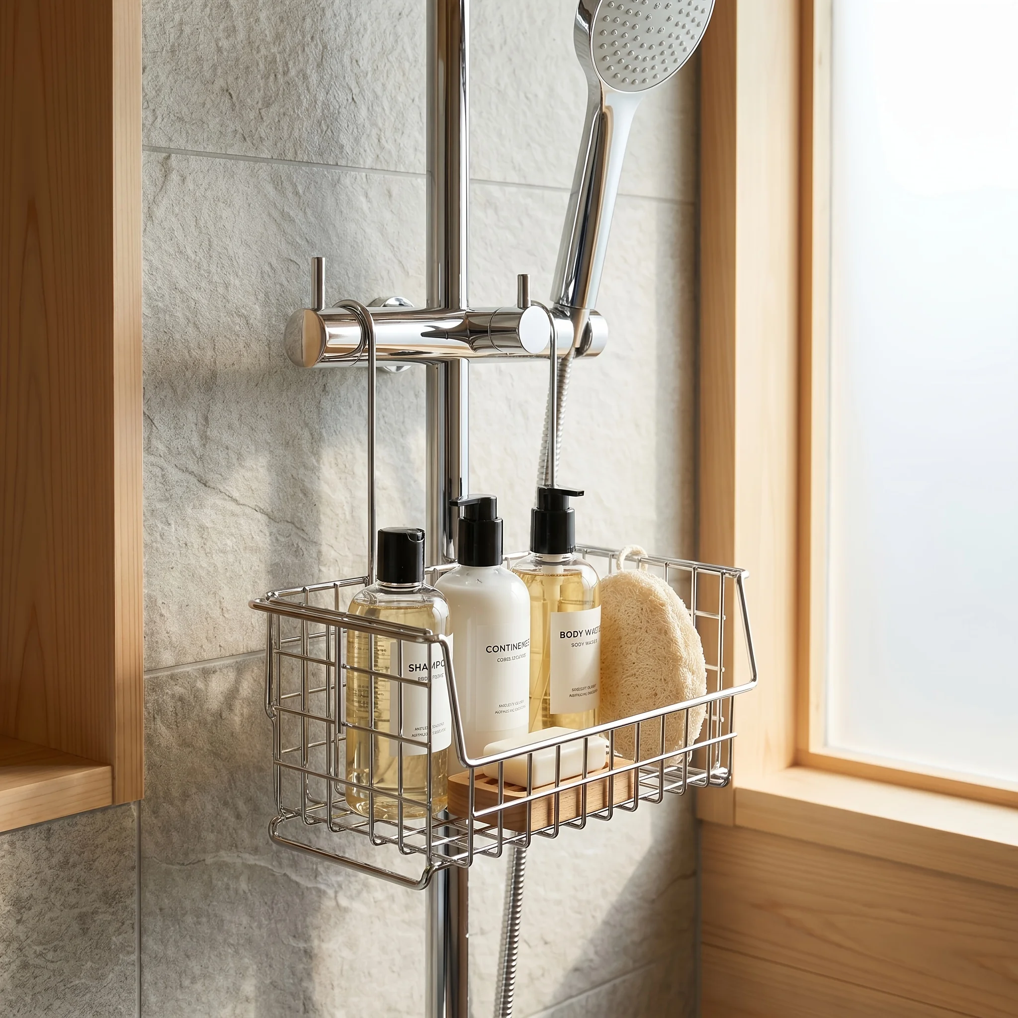 Stainless Steel Hanging Shower Caddy No Drill Bathroom Toiletries Storage Basket Shower Rail Organizer Rustproof Drainage Rack