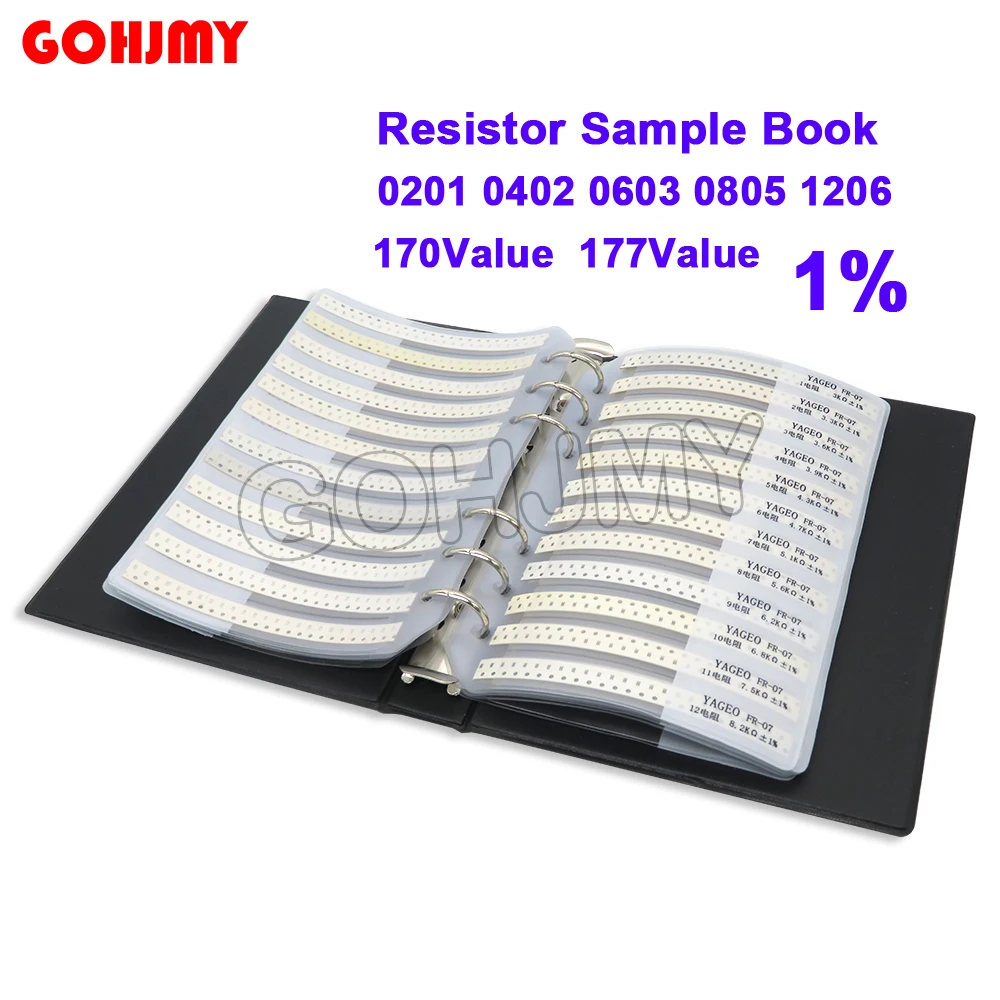 4250PCS 8500PCS 8850PCS  100R 220R 0201 0402 0603 0805 1206 GOHJMY Resistor Sample Book 1% SMD Assorted Kit 10K 100K 200K 1K 1R 