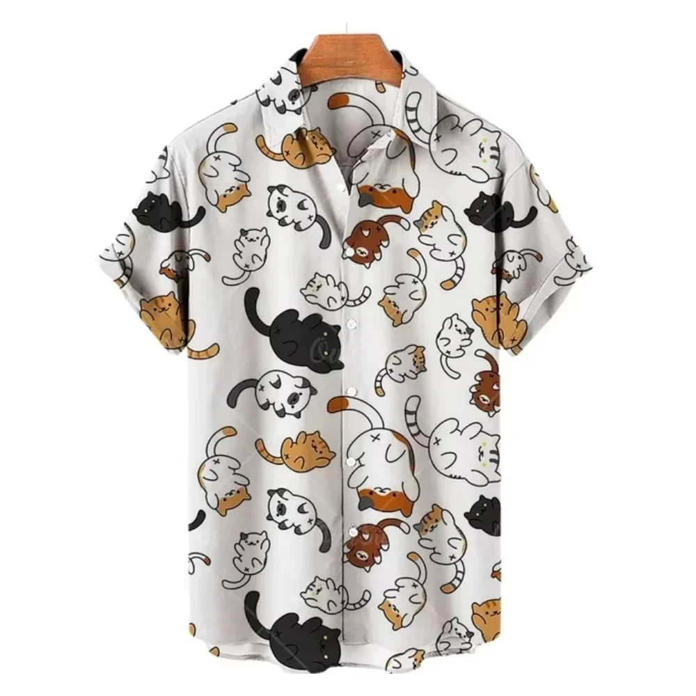 Cartoon Kitten Print Shirts For Men Summer Hip Hop Trend Short Sleeve Blouse Fashion Lapel Cardigan Tops Casual Loose Unisex Tee