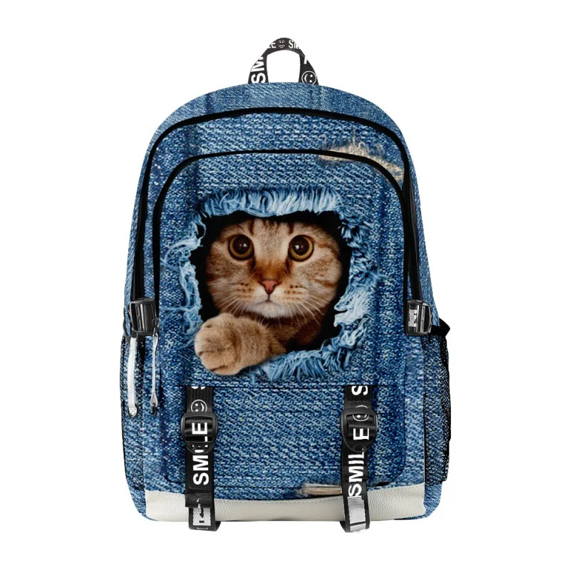 Trendy Youthful School Bags Unisex Ripped Jeans Cats Travel Bags 3D Print Oxford Waterproof Notebook multifunction Backpacks