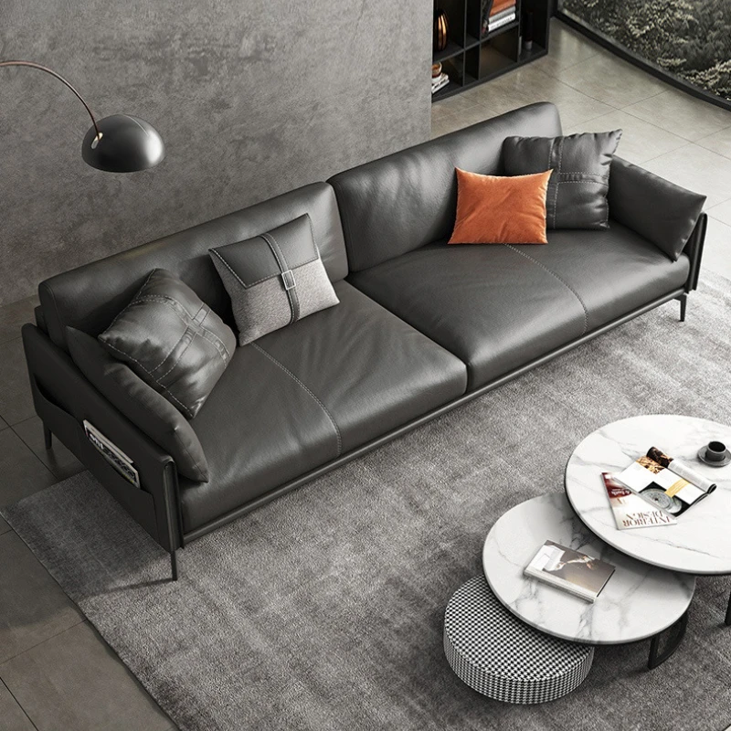 

Italian minimalist leather sofa small apartment straight row three-person sofa first layer cowhide Nordic modern