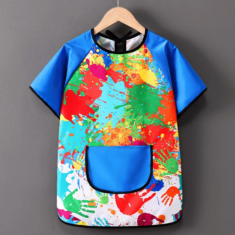 Children\'s Painting Apron Painting Cover Waterproof Summer Short Sleeve Art Reverse Wearing Protective Kindergarten Dining Bib