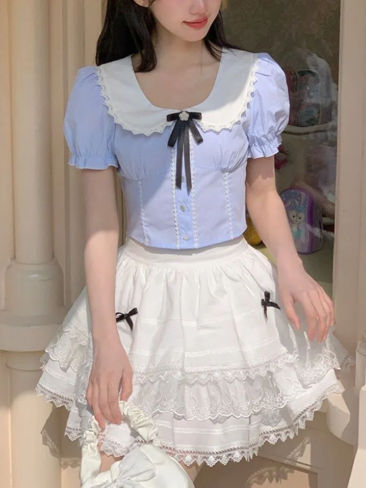 

Sweet Lapel Neck Bow Puff Sleeve Shirt Women+ Y2k High Waist Lace Patchwork Cake Skirts 2025 Summer New Two Piece Sets