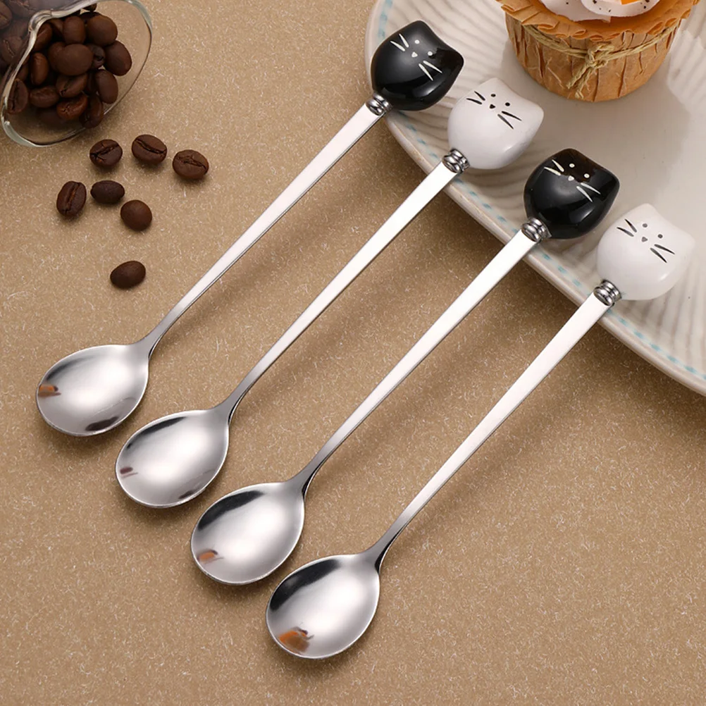 

6Pcs Ceramic Cat Stirring Spoons Long Stainless Steel Handle Cute Coffee Dessert Ice Cream Sugar Tea Mixing Spoons