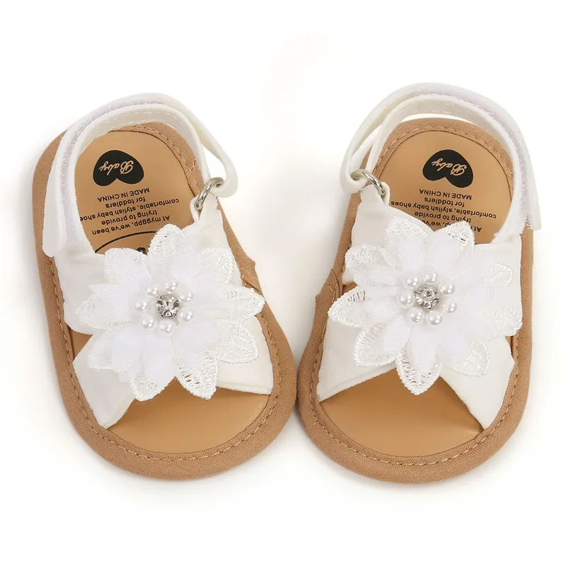 Baby Girls Princess Sandals Big Rhinestone Flower Open Totes Anti-Skid Soft Sole Walking Shoes  Ankle Stick-On Summer Foot