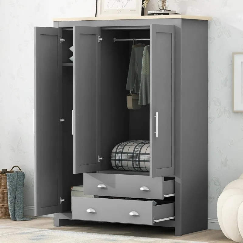 3 Doors Wardrobe Armoire Closet with 2 Drawers, Storage Shelves and Two Hanging Rods, Wooden Freestanding Clothes Storage Cabine