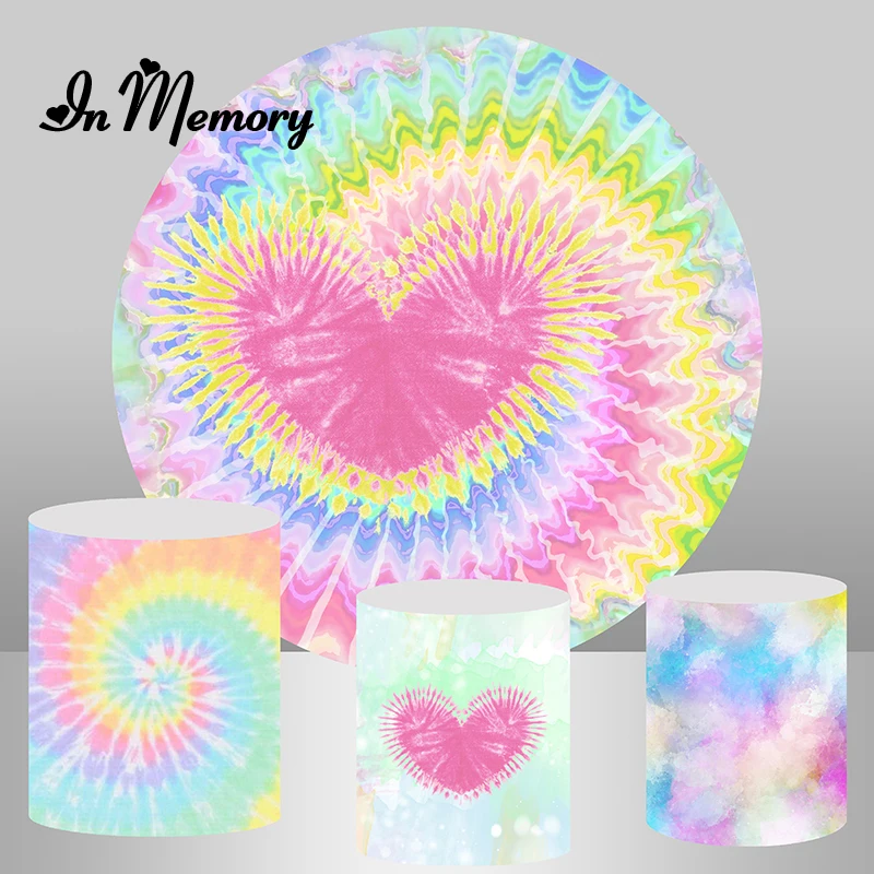 InMemory Sweet Girls Birthday Party Round Backdrops For Photography Pink Heart Tie Dye Backgrounds Plinth Covers Customized