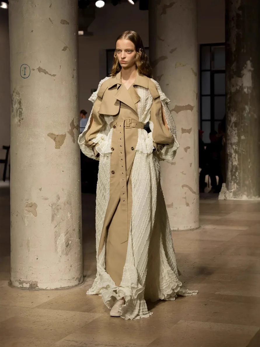 

2025 Spring New Design Lace Splicing High End Waist outerwear skinny Splicing style all -match trench