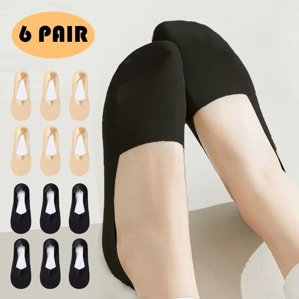 

6 Pairs Women's Socks Cotton Breathable Summer Ultra-thin No Show Ice Silk Sock Silicone Non-slip Bottom Absorb Sweat Boat Sock