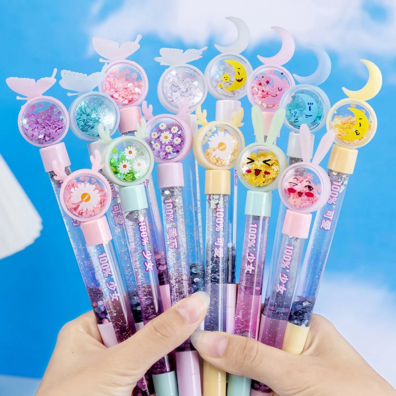 1PC Kawaii Rabbit Moon Liquid Quicksand Gel Pen Neutral Pen Sequins Decorate Signature Pen School Office Supply Stationery Gifts
