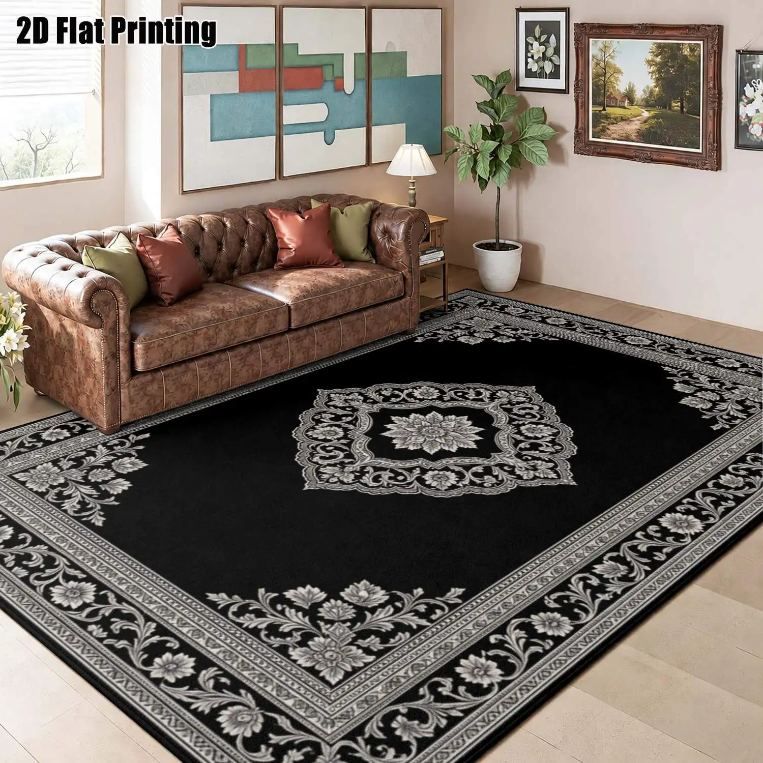 1Pc 2D Printed Carpet: Black Base, White Floral Geometric Patterns European/Bohemian/Vintage Style, Ideal Home Decor, Multi-Size, Machine Washable, for Entrance, Dining Room, Foyer, Bedroom, Living Room.