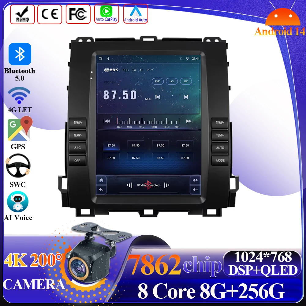 Wireless Android 14 For Toyota Land Cruiser Prado 120 2004-2009 Multimedia Stereo Carplay GPS Tesla Style 5G Wifi Touch Display