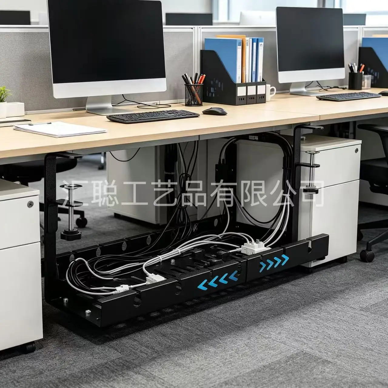 Adjustable Under Desk Cable Tray No-Drill Clamp-On Metal Organizer Power Strips Cables Home Office Study