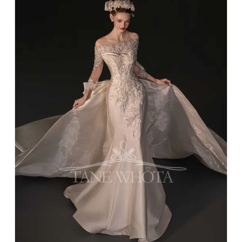 Vestido de novia de lujo, chaqueta desmontable personalizable con escote en forma de corazón, vestido de novia con lazo y vaina de cristal bordado, Trouwjurk