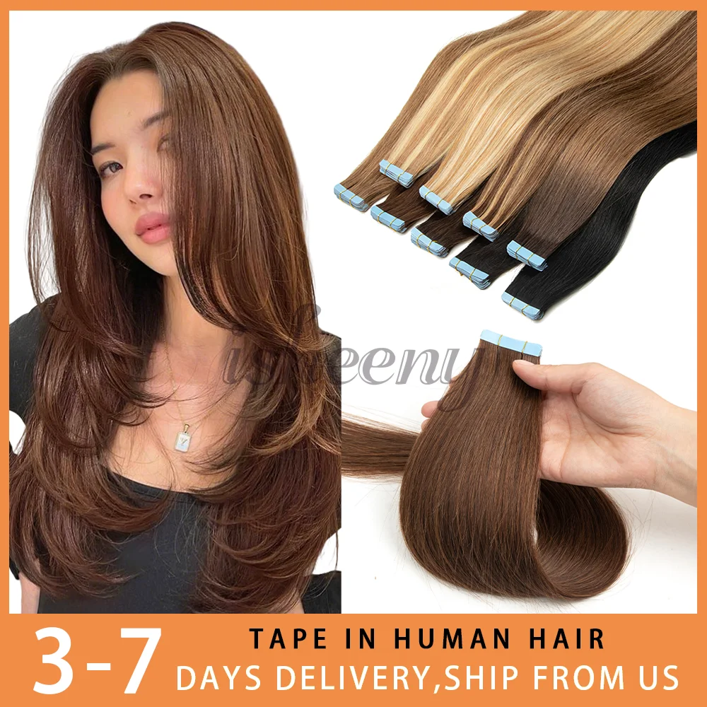 

Лента для наращивания человеческих волос 14-18 дюймов, натуральные прямые волосы, 30 г/упак., черные, коричневые, светлые волосы, машинные волосы Remy, 20 шт.