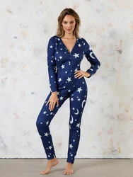 Women's 1Piece Lounge Pajamas Star Print Sexy Butt Button Back Flap Jumpsuit Sleepwear Romper Oversized Homewear