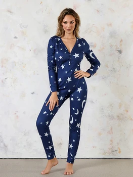 Pyjama de salon imprimé étoile pour femme, bouton bout à bout sexy, combinaison à rabat arrière, vêtements de nuit, barboteuse respirante, vêtements d'intérieur, 1 pièce