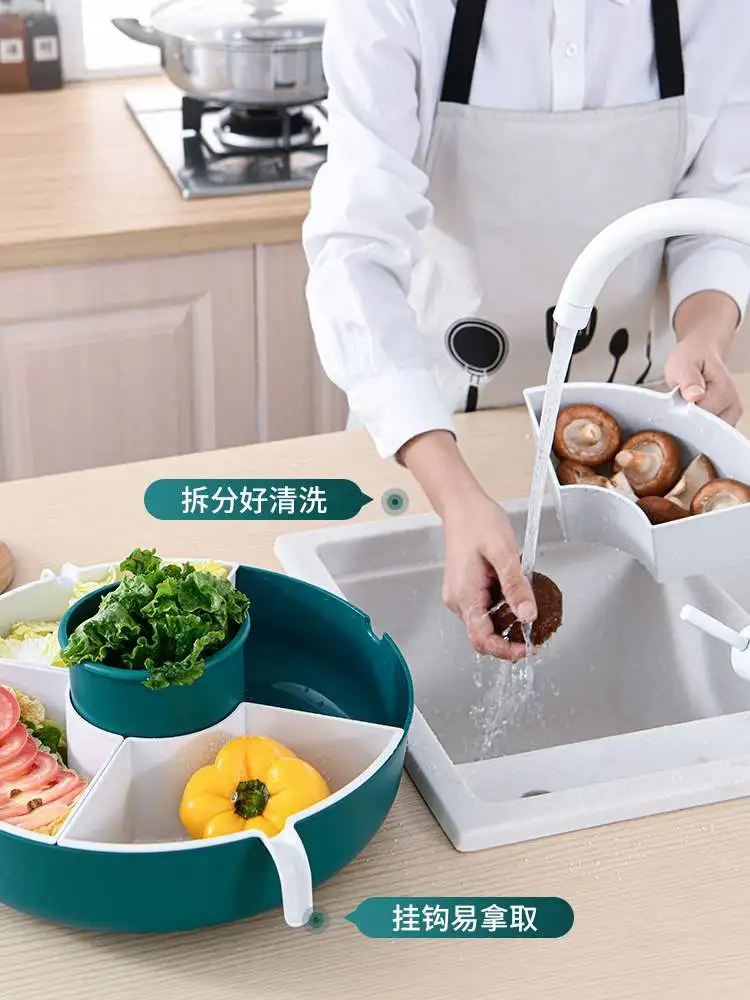 Rotating Drain Basket Hot Pot Platter Double-Deck Home Kitchen Food Ingredients Vegetable Basket Plastic Fruit Plate