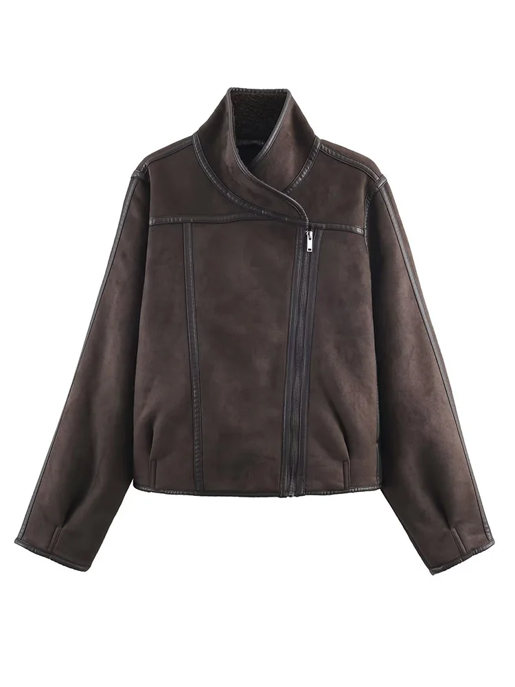 HH Dames Omkeerbare Jas Opstaande Kraag Lange Mouwen Zak Asymmetrische Rits Jas Damesmode Casual Slanke Winter Korte Jas