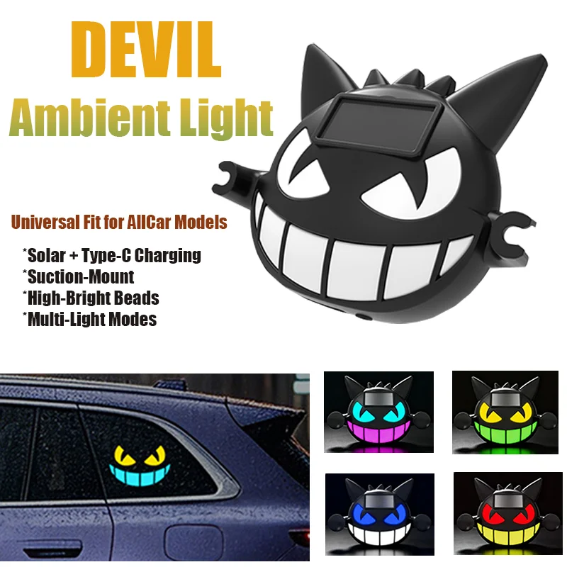 Solar Power Car Devil Face Light Cool LED Warning Decor Ambient Light Wireless Suction Dynamic Safety Vehicle Signal Lights