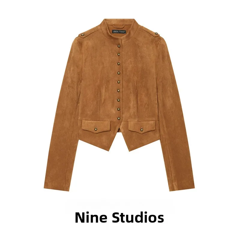 NINE ZAR Women's Slim Fit Short Jacket Long Sleeve Stand Collar Button up Outerwear Fashionable European Style Winter Coat