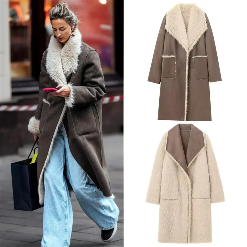 

Женское пальто 2024, осенне-зимнее новое двустороннее длинное пальто верблюжьего цвета с длинными рукавами, стильная и теплая куртка