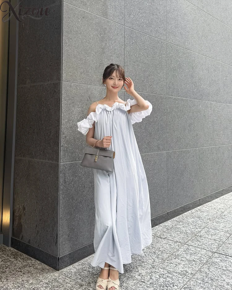 

Japanese Style Off-Shoulder Puff Sleeve Two-Way Color Block A-Line Women's Dresses Elegant Casual Summer Long Dress