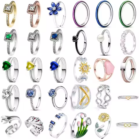 New Hot Selling 925 Silver,Pearl,Playing card,Blue flower,Square,Heart-shaped Crystal Ring,European Women's Luxury Charm Jewelry