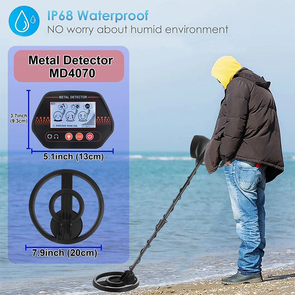 

MD4070 High Sensitivity Waterproof Metal Detector, Underground Gold Coin Jewelry Treasure Finder for All Ages