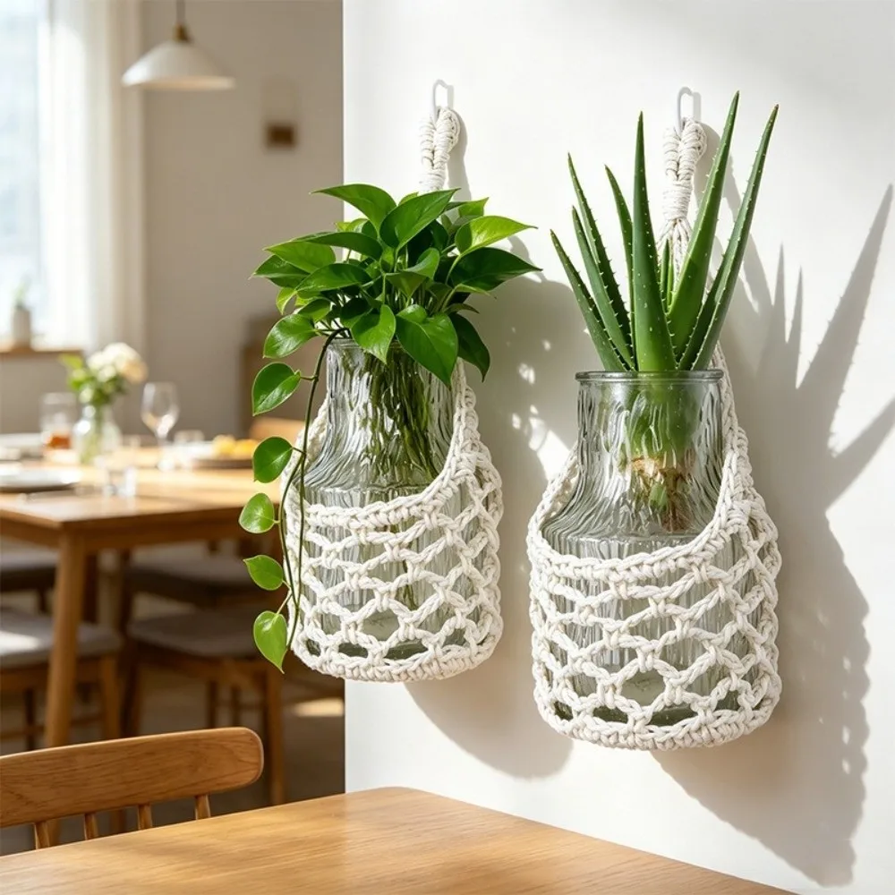 Boho Macrame Wall Plant Hanger Cotton Woven Hanging Basket Hollowed-out for 4 Inch Pots Storage Mesh Bag