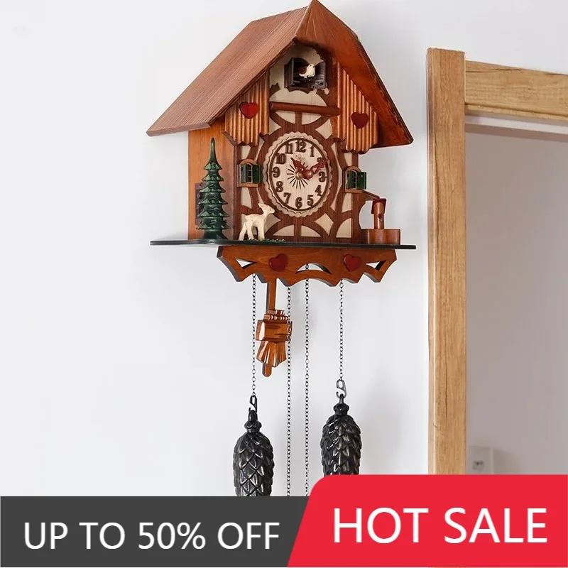Cuckoo Wall Clock Time Telling At The Hour Hanging Clock Wooden Hand Carved Wall Clocks Light Control Living Room Decoration