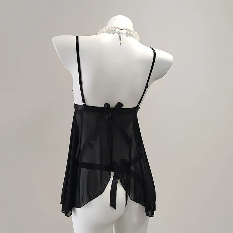 Sexy französisches Schlafkleid, Schlinge, hohl, Schmetterlingsknoten, Spitze, Nachtwäsche, Sommer, transparent, Versuchung, Babydoll, rückenfreies Nachthemd