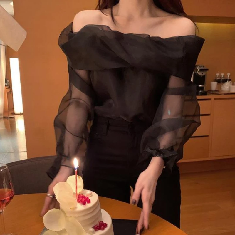 Slash Neck Blouses Women Patchwork Tender Chic Pure Casual Spring Elegant Flare Sleeve Simple Slim Korean Style All-match Ins