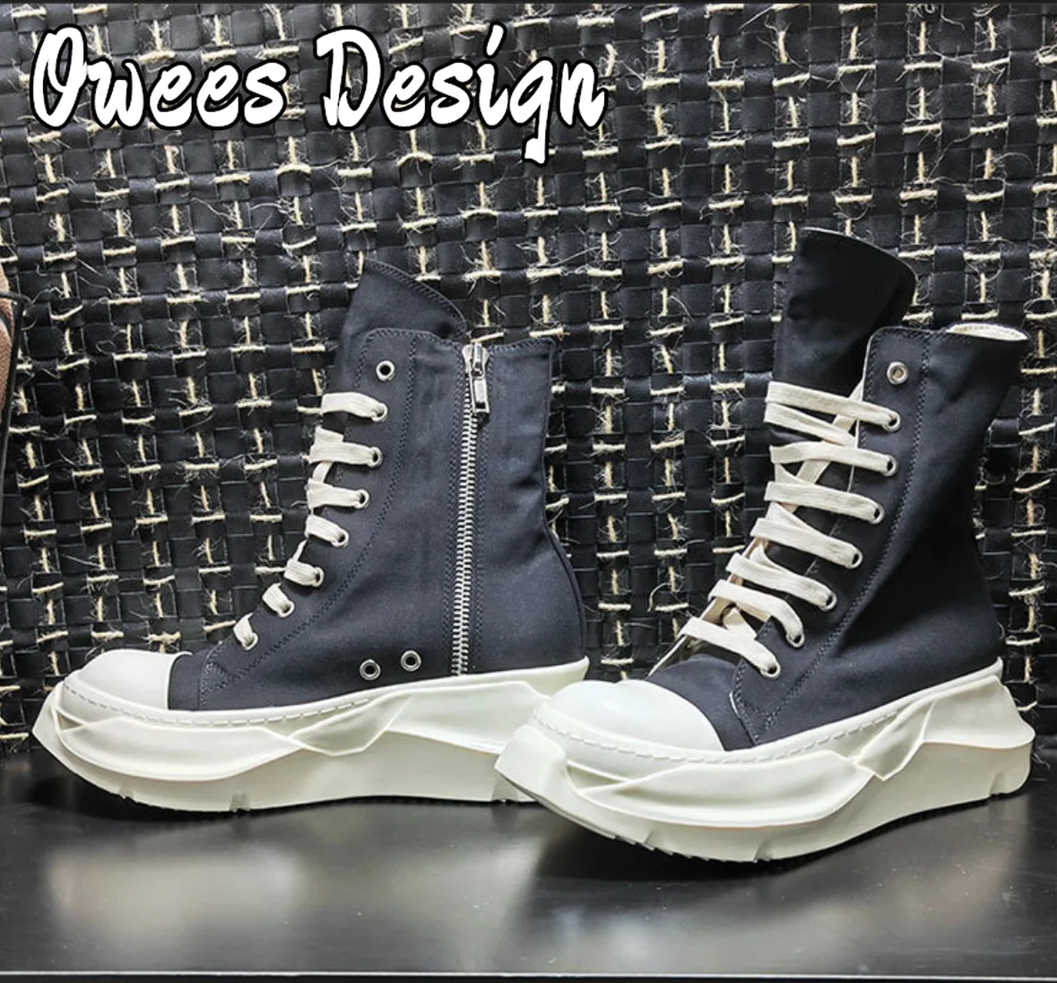 Owees Design High Top Shoes Women Brand Canvas Shoes Men Round Toe Thick Sole Increased Street Casual Sneakers Ankle Boots Men