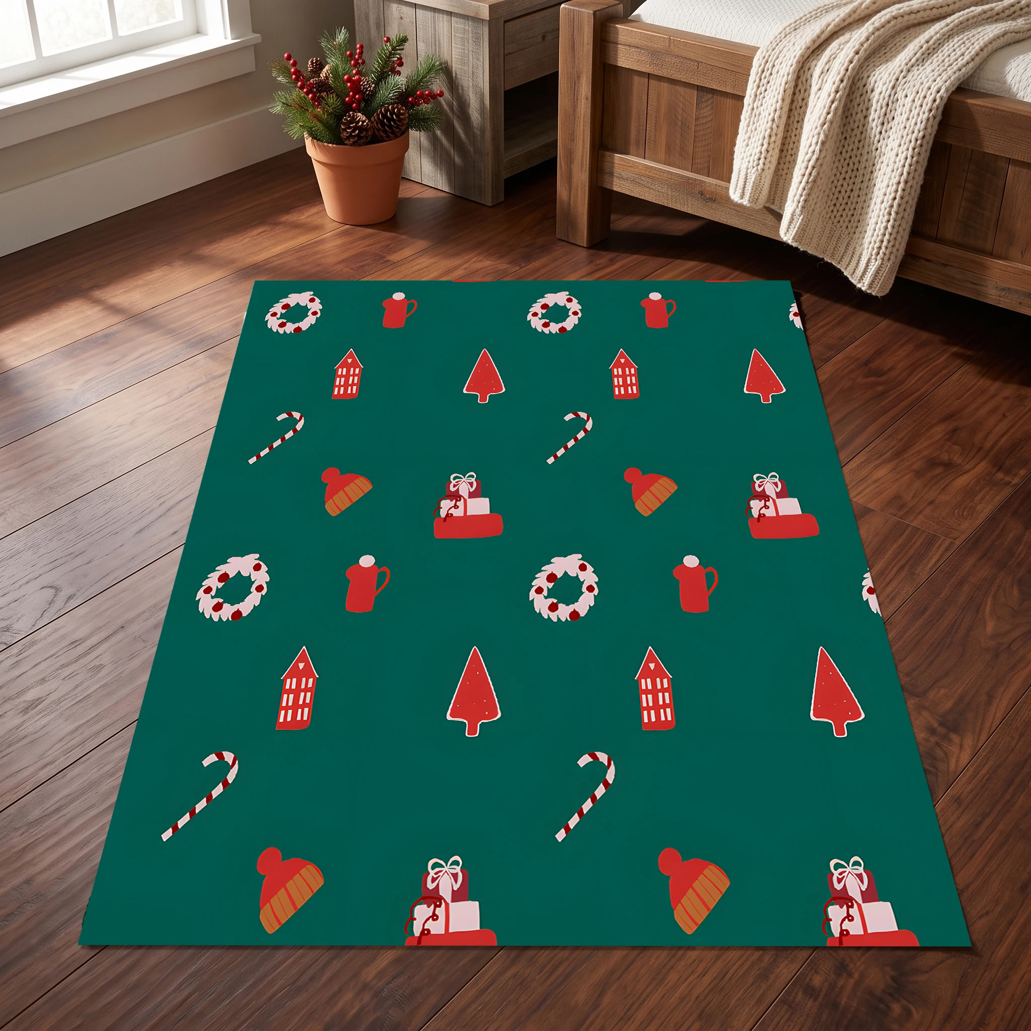 Velvet Rug Cute All over Christmas Wreath Candy Cane Small Element for Entryway Bedroom Bedside Living Room Decor