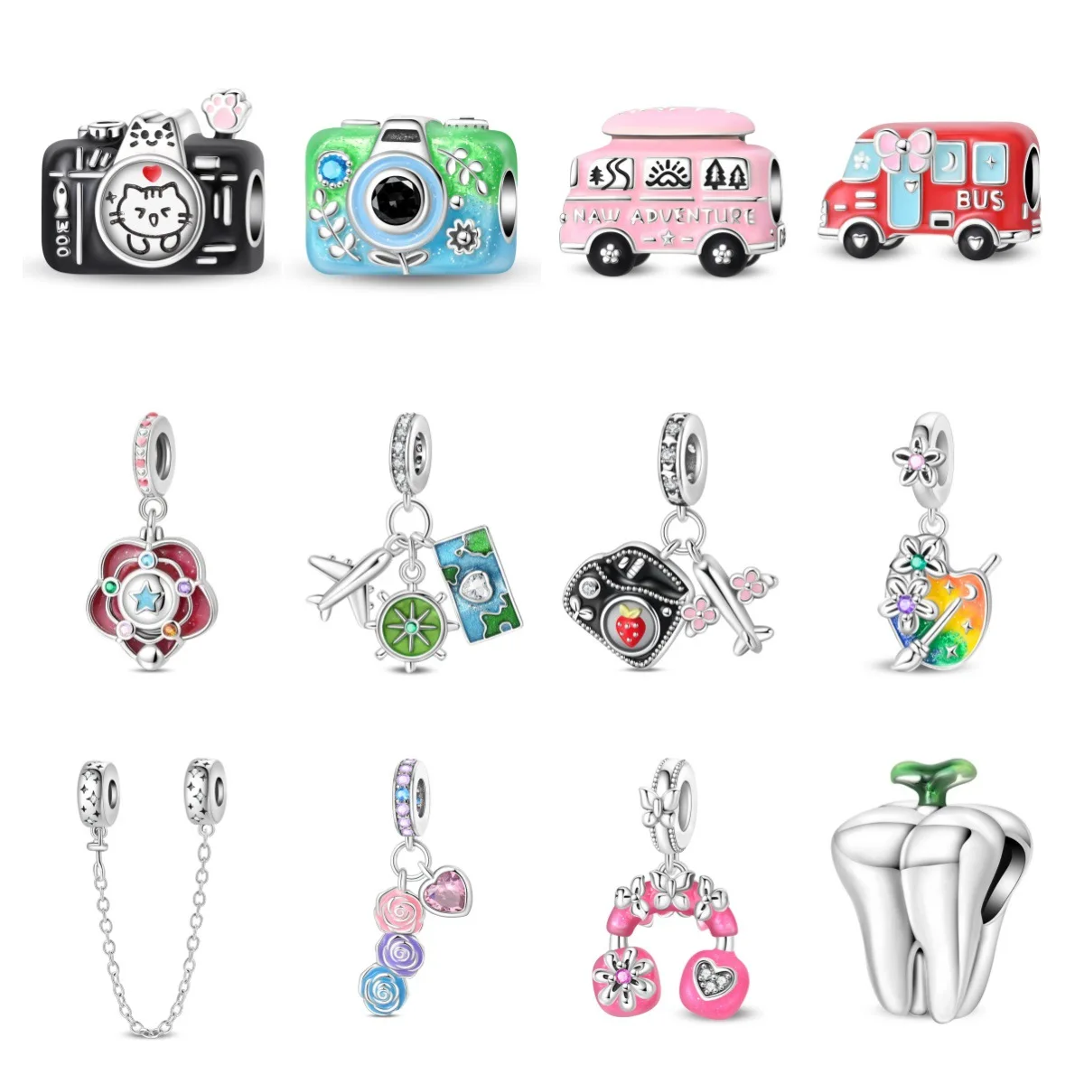 Original Charms Silver Plated Beads Camera Bus Airplane Passport Tooth Rose Fit Bracelets Bag Keychain Diy Women Gift Accessory
