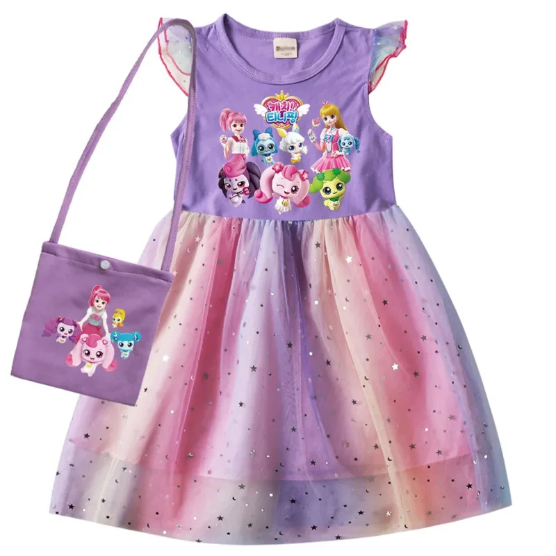 

AIAI 2025Корейские платья для маленьких девочек с героями мультфильмов, детская крошечная одежда, карнавальный костюм, детское повседневное платье принцессы с рукавами-крылышками + сумка