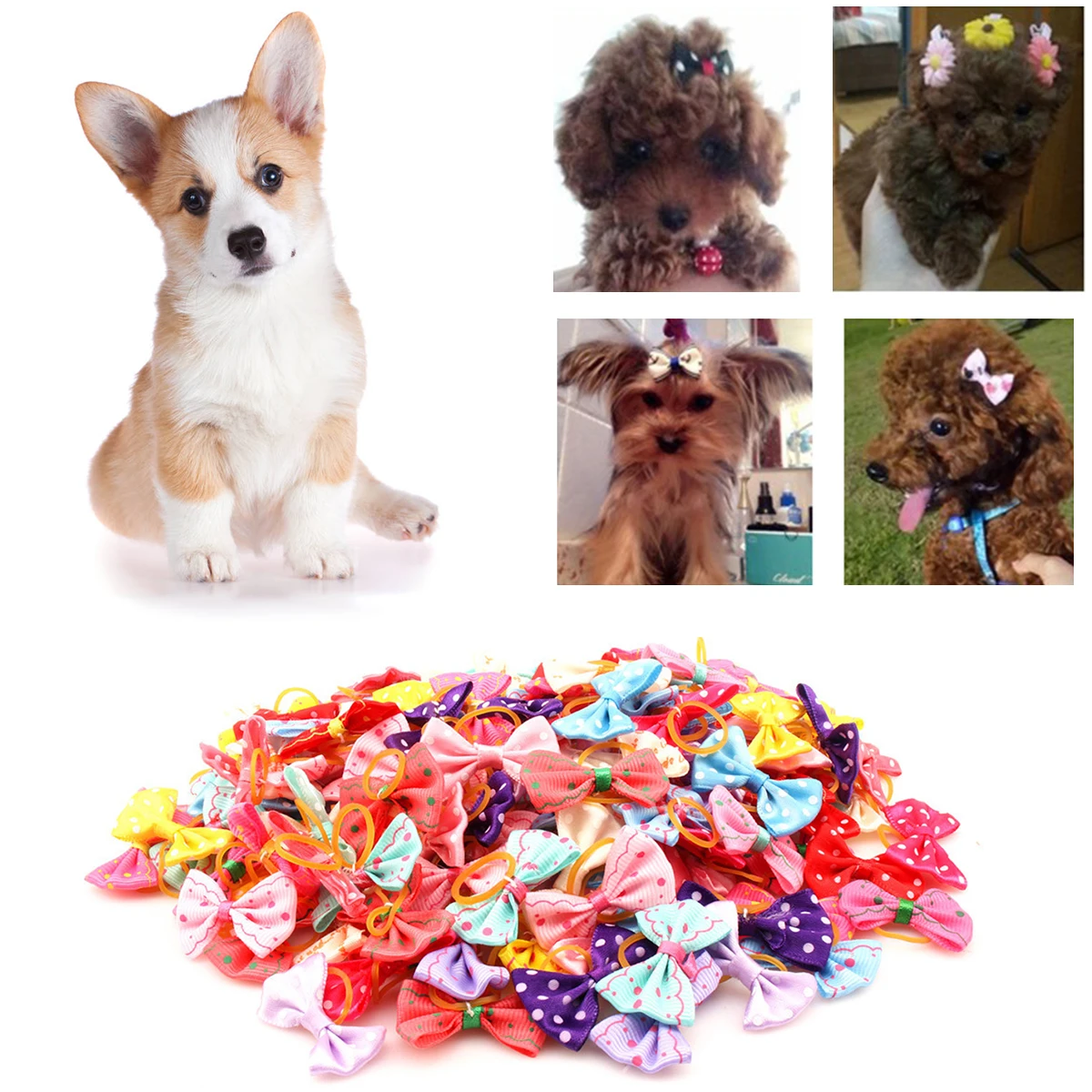 30pcs Newest Pet Dog Cute Hair Bows with Rhinestone&Flowers Ribbon Bows Dog Hair Accessory Dog Groomining Pet Supplies