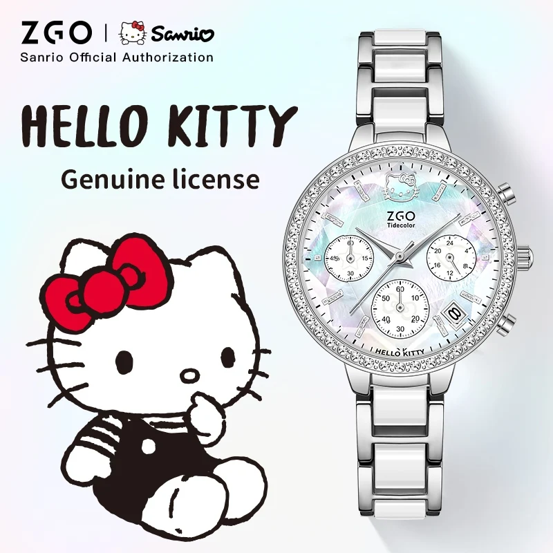 

Женские кварцевые часы ZGO Sanrio Hello Kitty, ремешок из нержавеющей стали. Водонепроницаемые часы с бриллиантами, подарок 2185