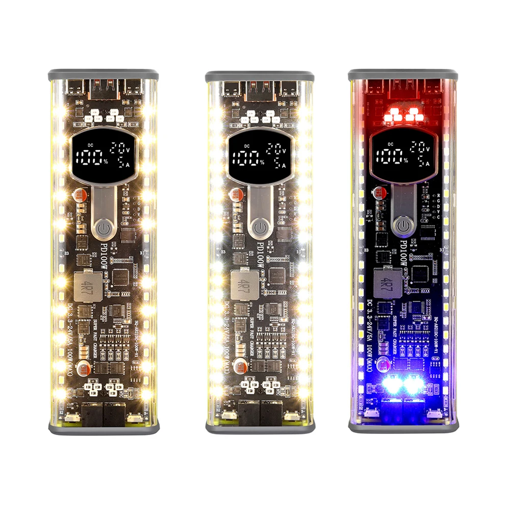 PD 100W Fast Charging DIY 8*21700 Shell Power Bank Case Transparent Battery Case Battery Charge Box LED Outdoor Light No Battery