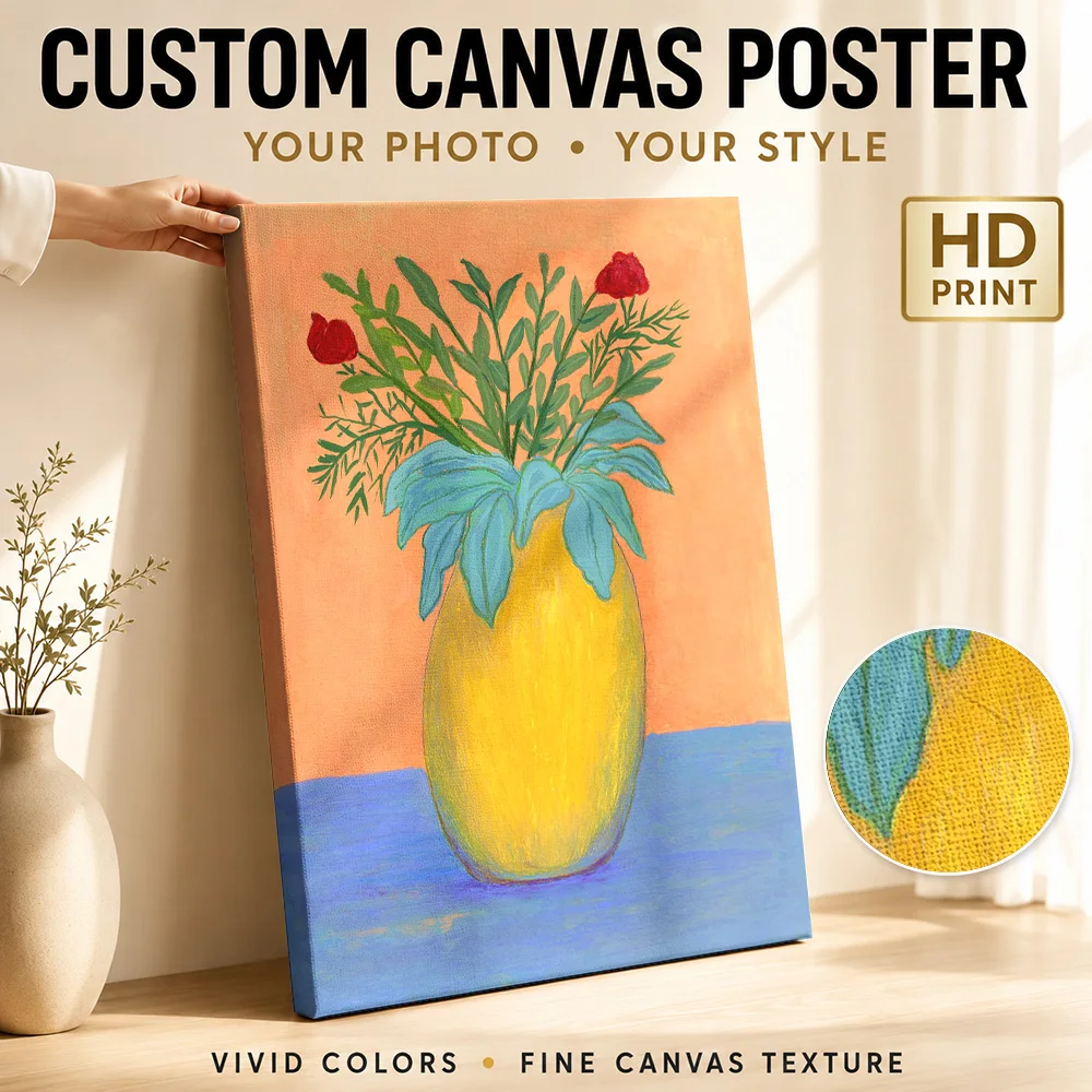 Yellow Vase With Red Flowers Canvas Poster Customized Photo Painterly Wall Art For Florist Studio, Botanical Enthusiast Gift