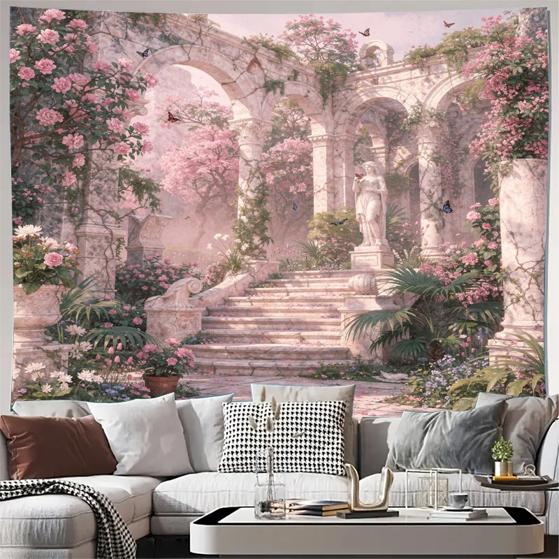 Romantic Garden Ruins Tapestry Wall Hanging Decor Vintage Blossom Floral Spring Art Poster Mural Artwork for Living Room Bedroom