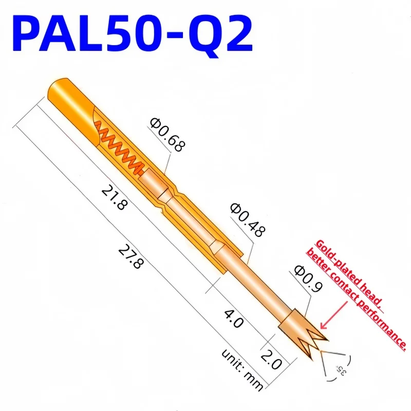 20/100PCS PAL50-Q2 Spring Test Probe PAL50-Q Test Pin Tool 27.8mm Dia 0.68mm Gold Needle Tip Dia 0.90mm Pogo Pin PL50-Q PL50-Q2