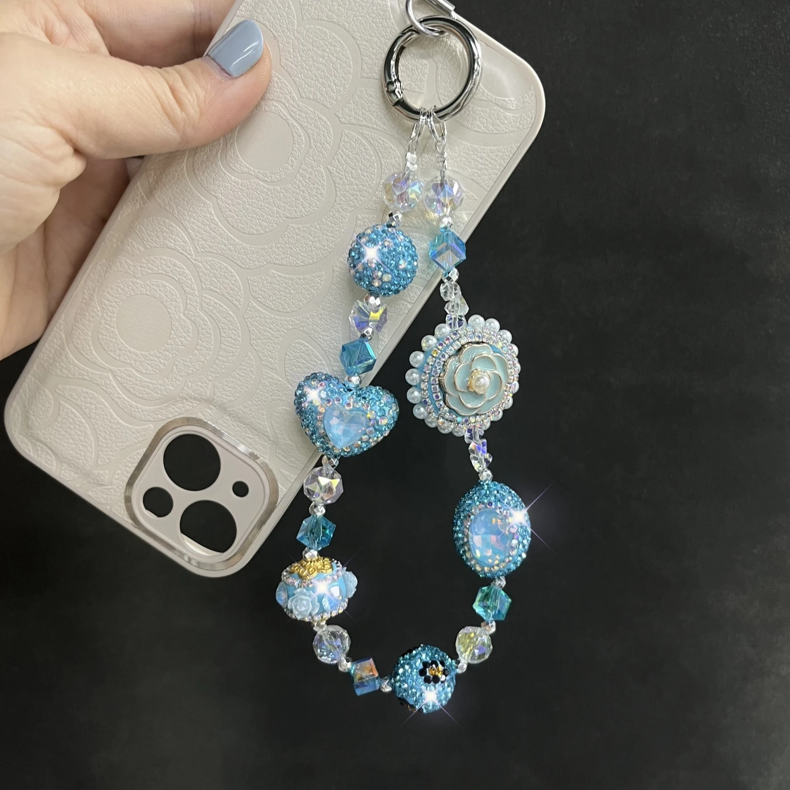 Blue Luxury Pearl Rose Plate Heavy duty Diamond Ball Mobile Phone Accessories Phone Charms Phone Strap Gift for Her