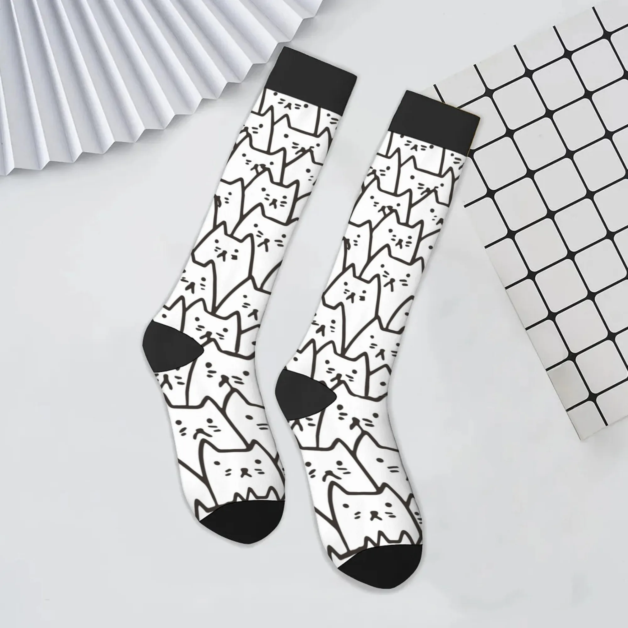 

Cat-themed Knee-high Socks Crisp White Base with Playful Black Cat Silhouettes Whisker Details & Paw Prints for Cat Lover
